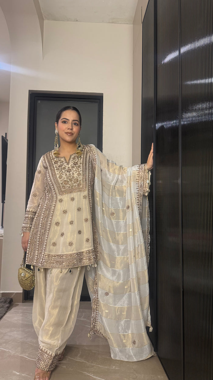 Copper Shimmer Silk Suit with Aari Handwork, Zari & Sequin Detailing