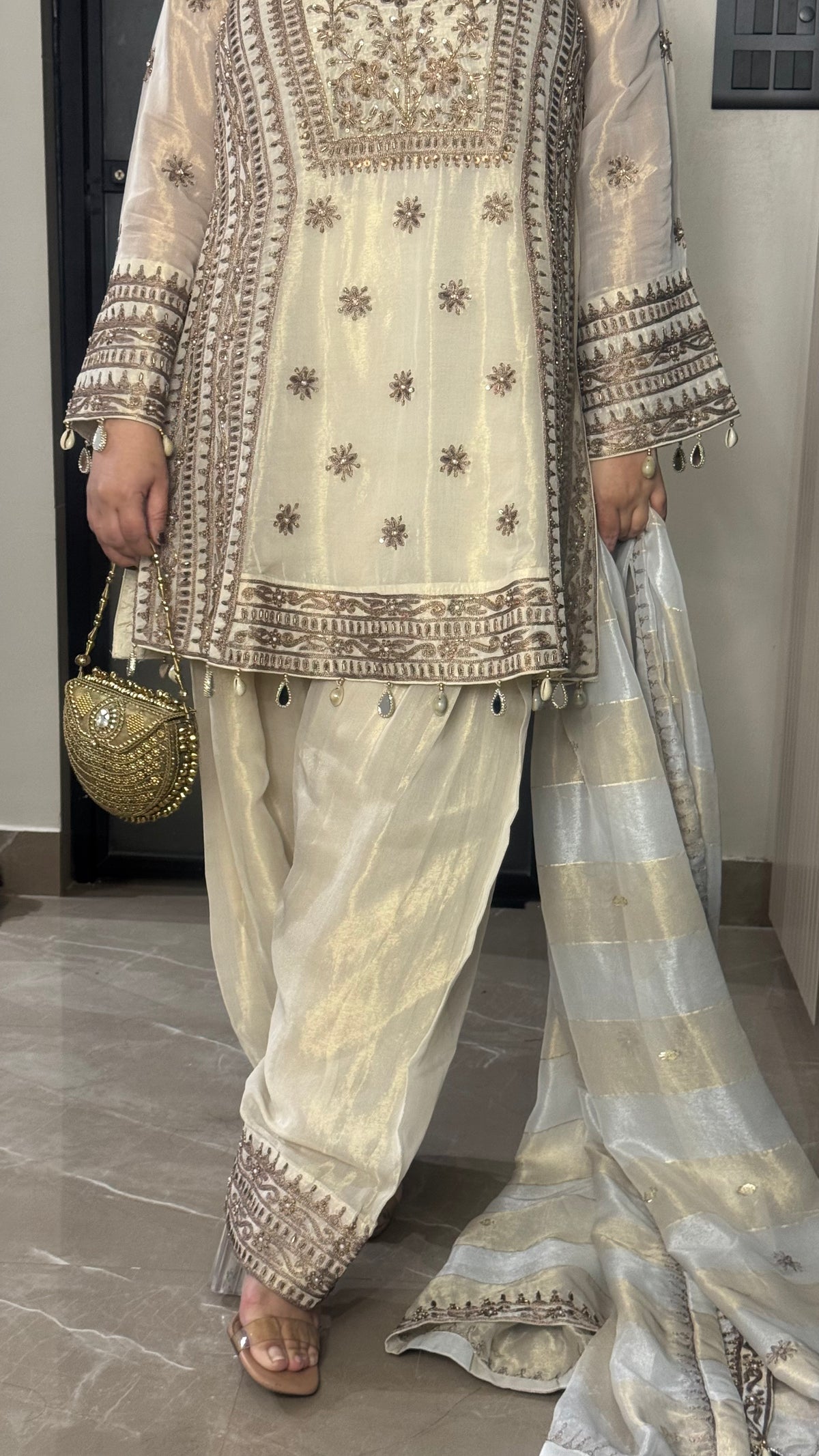 Copper Shimmer Silk Suit with Aari Handwork, Zari & Sequin Detailing