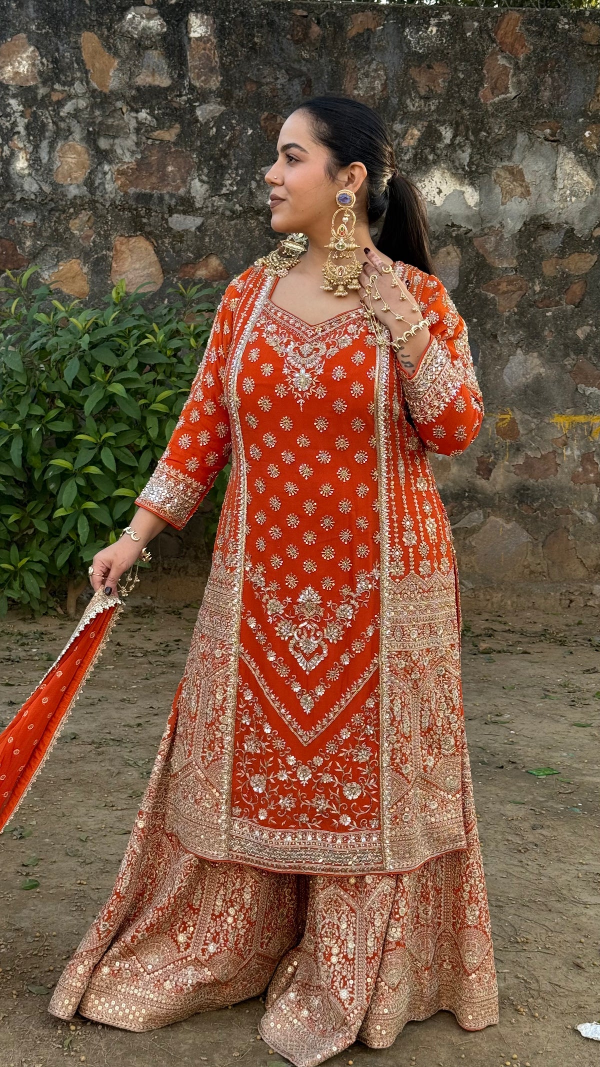 Elegant Georgette Suit Set with Dabka, Pearls & Zari Wor