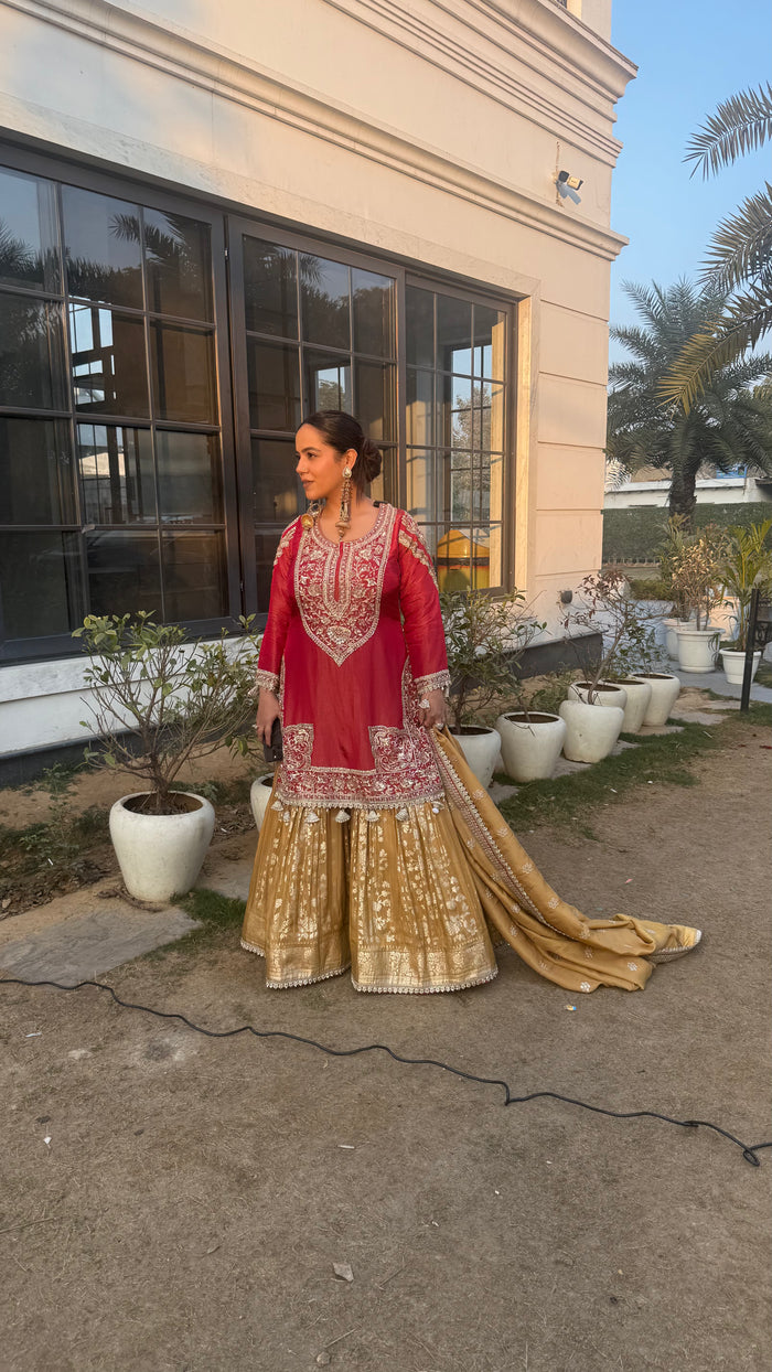 Shimmer Silk Suit with Dabka, Pearl & Sequin Work | Banarasi Bottom