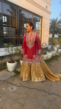 Shimmer Silk Suit with Dabka, Pearl & Sequin Work | Banarasi Bottom
