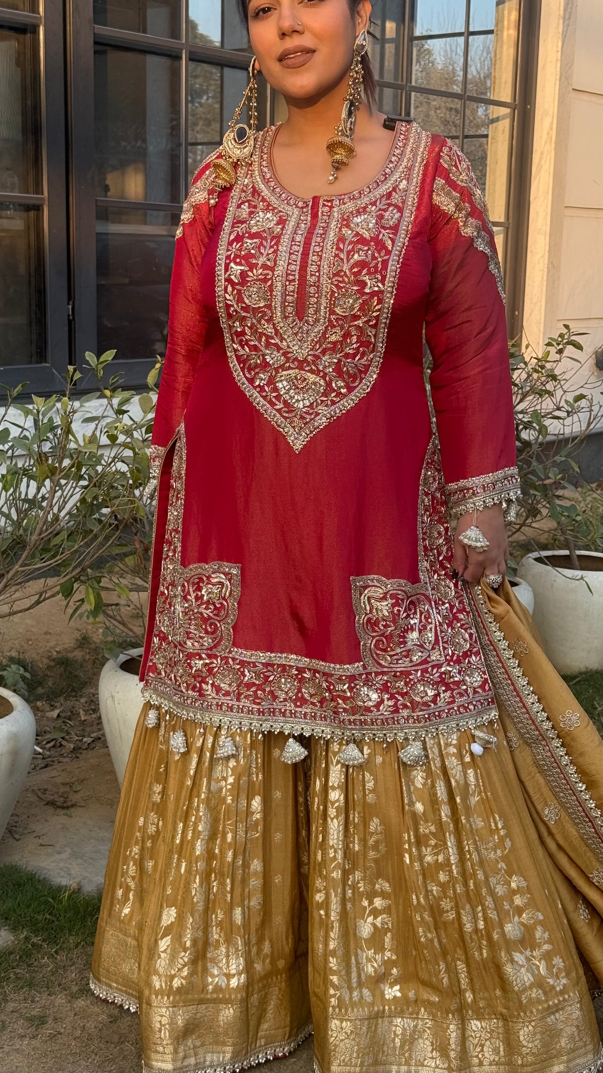 Shimmer Silk Suit with Dabka, Pearl & Sequin Work | Banarasi Bottom