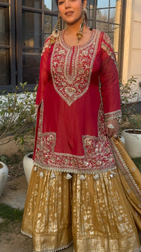Shimmer Silk Suit with Dabka, Pearl & Sequin Work | Banarasi Bottom