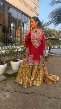 Shimmer Silk Suit with Dabka, Pearl & Sequin Work | Banarasi Bottom