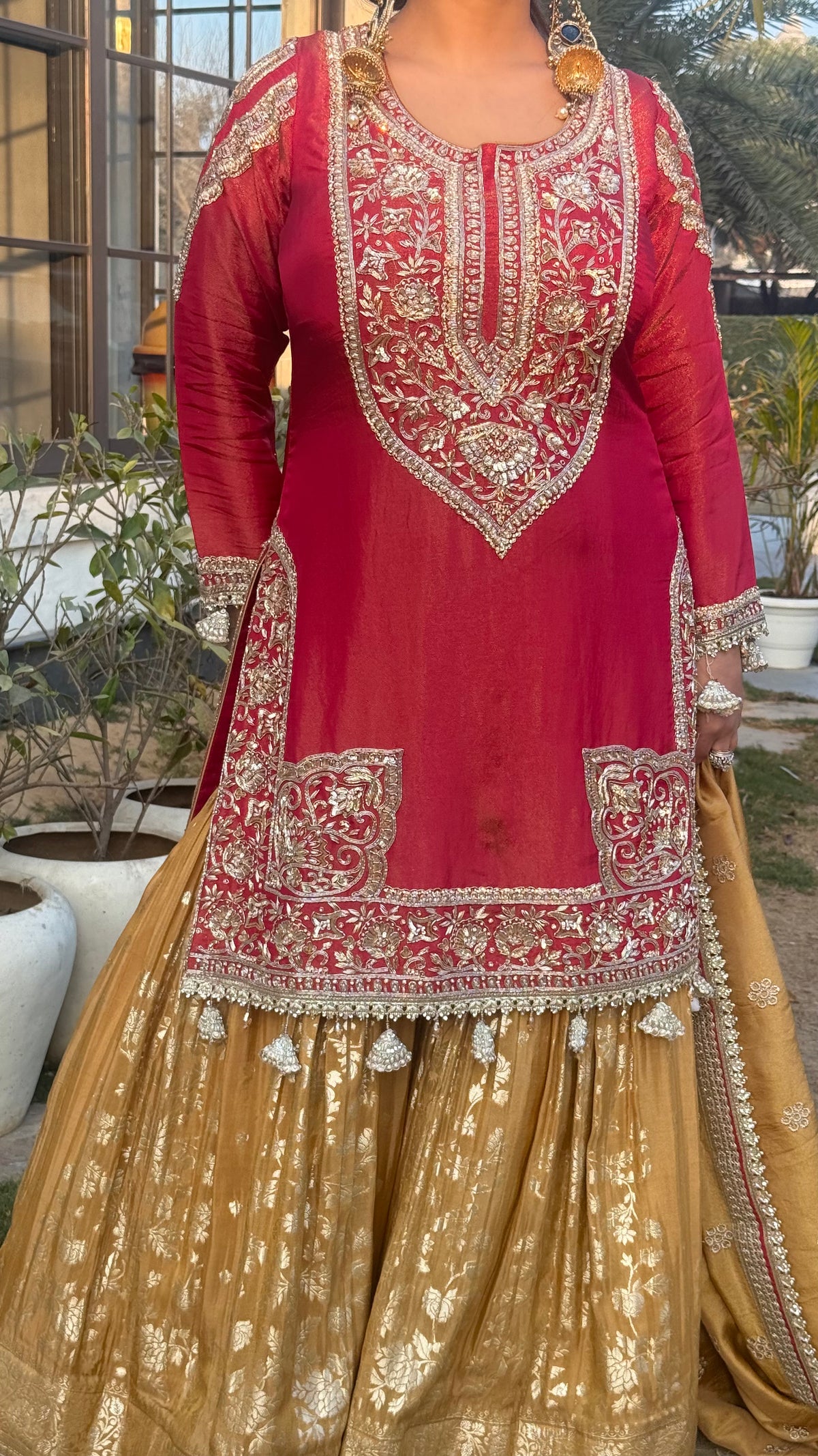 Shimmer Silk Suit with Dabka, Pearl & Sequin Work | Banarasi Bottom