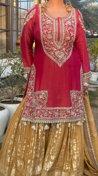 Shimmer Silk Suit with Dabka, Pearl & Sequin Work | Banarasi Bottom