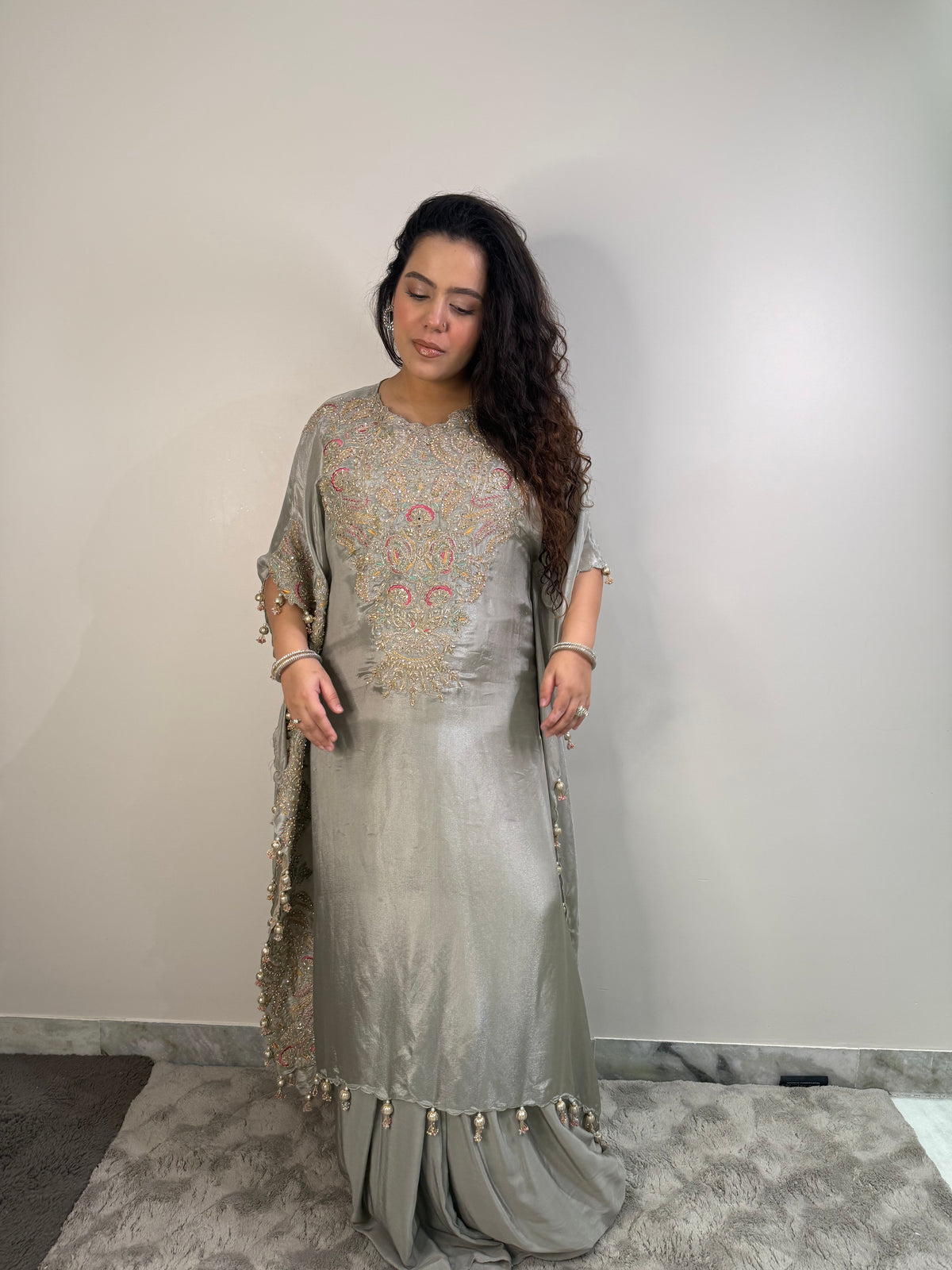 Mustard & Grey Tissue Silk with Aari & Thread Embroidery