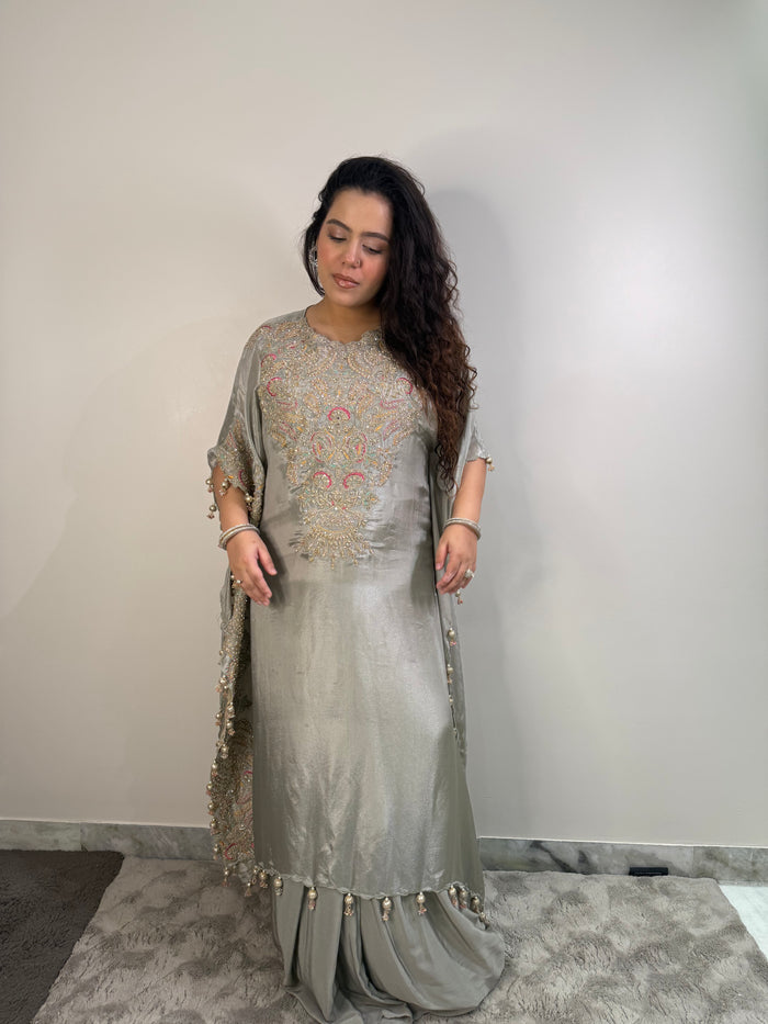 Mustard & Grey Tissue Silk with Aari & Thread Embroidery
