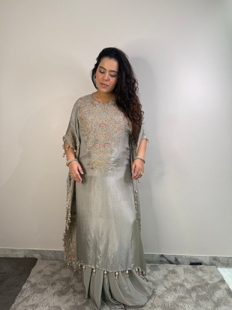 Mustard & Grey Tissue Silk with Aari & Thread Embroidery