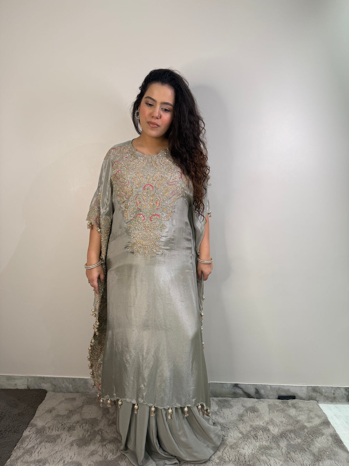 Mustard & Grey Tissue Silk with Aari & Thread Embroidery