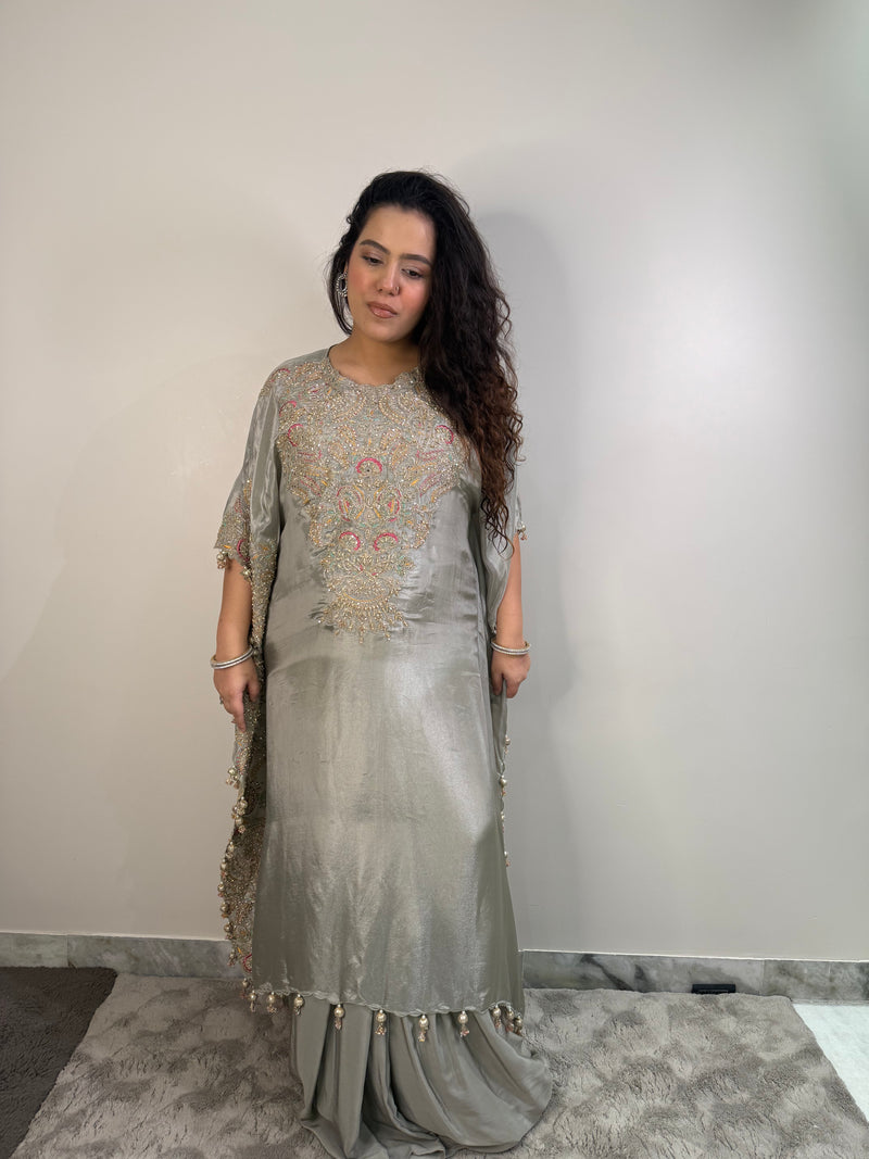 Mustard & Grey Tissue Silk with Aari & Thread Embroidery