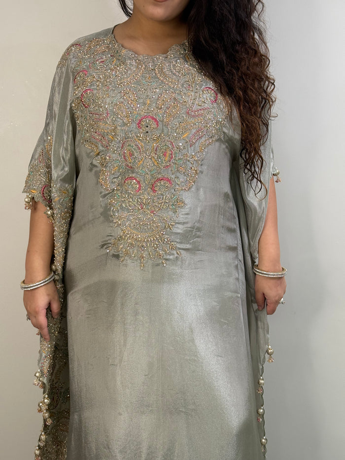 Mustard & Grey Tissue Silk with Aari & Thread Embroidery