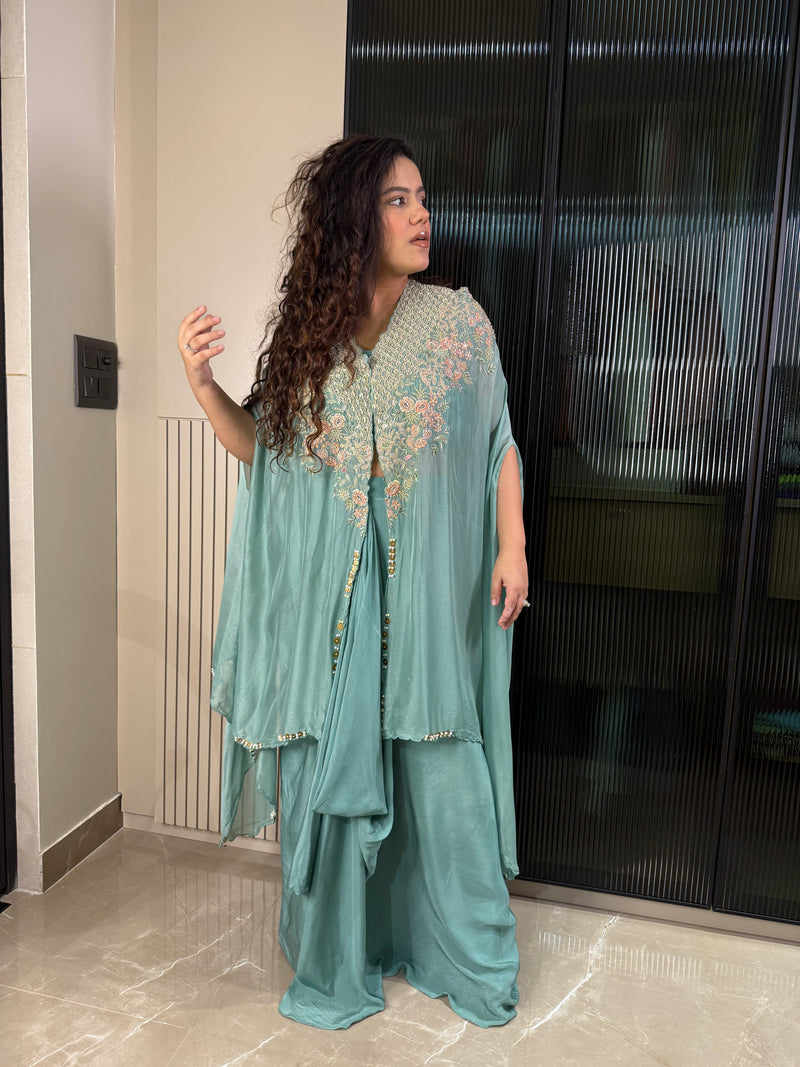 Handworked Jacket Indo-Western Set with Crepe Bottom & Blouse
