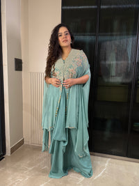 Handworked Jacket Indo-Western Set with Crepe Bottom & Blouse