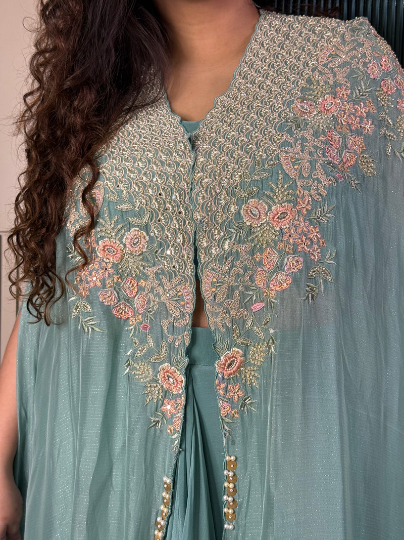 Handworked Jacket Indo-Western Set with Crepe Bottom & Blouse