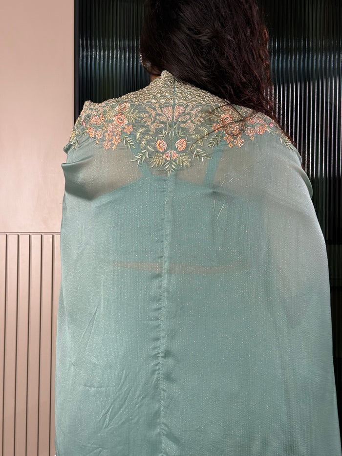 Handworked Jacket Indo-Western Set with Crepe Bottom & Blouse