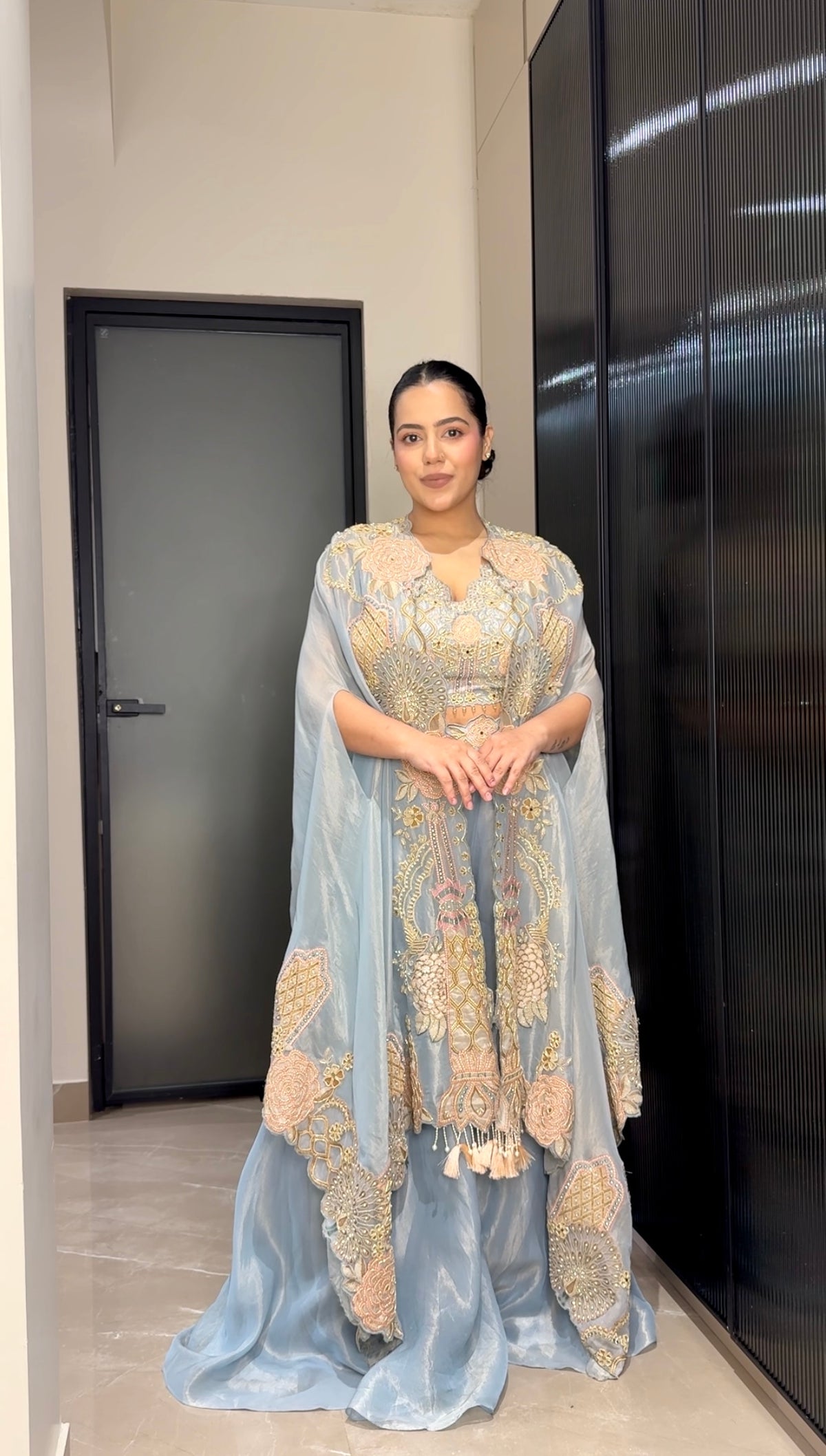 Shimmer Silk Indo-Western 3-Piece Set with Pearl & Cutdana Work