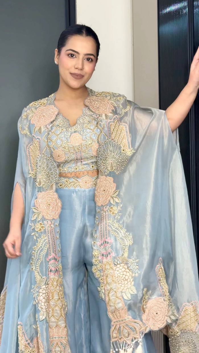 Shimmer Silk Indo-Western 3-Piece Set with Pearl & Cutdana Work