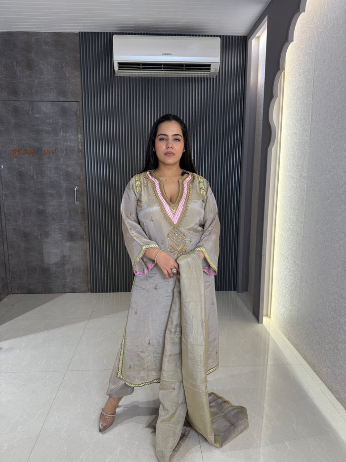 Designer Shimmer Silk Suit with Gold Pearl Handwork |