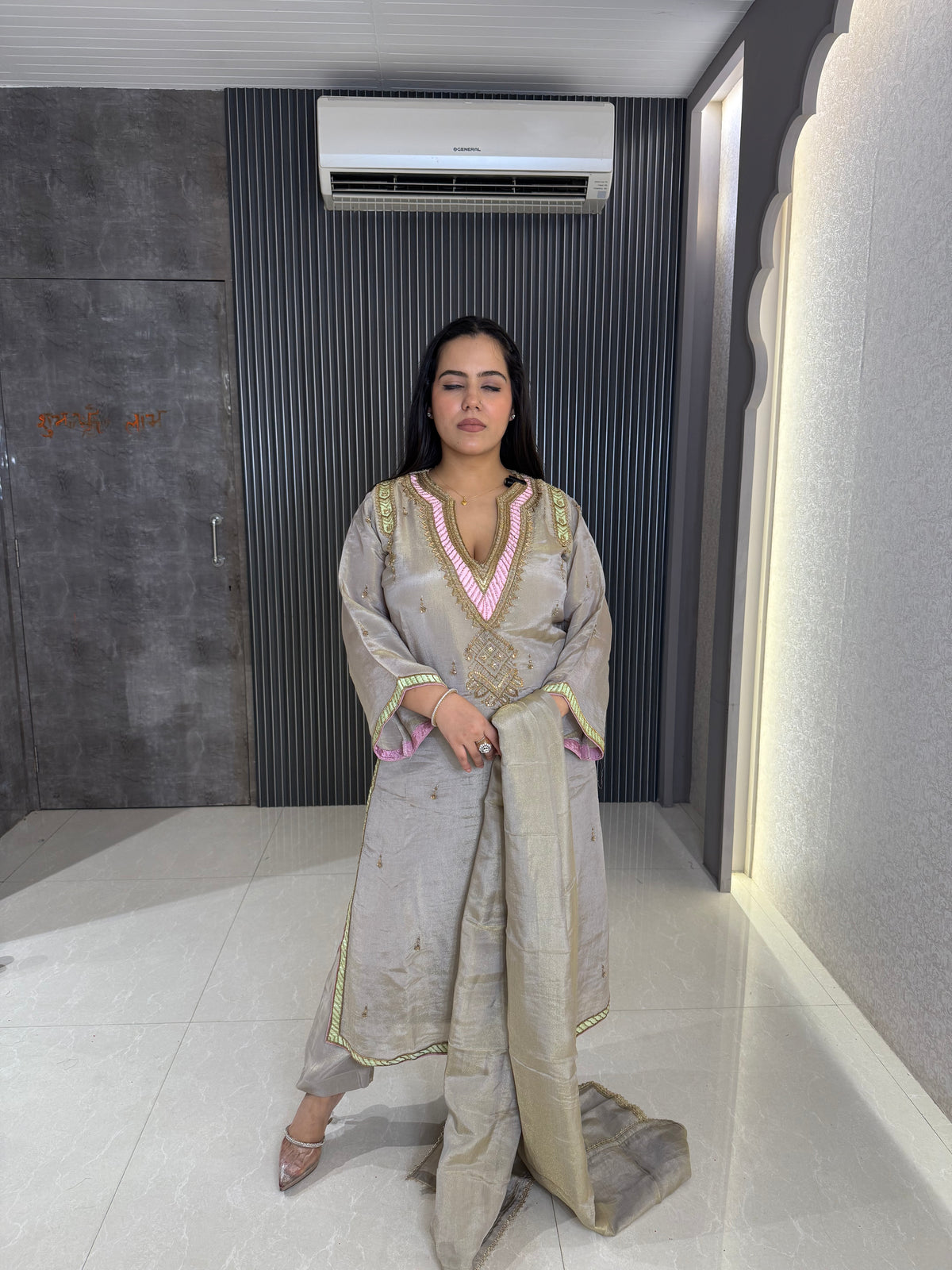 Designer Shimmer Silk Suit with Gold Pearl Handwork |