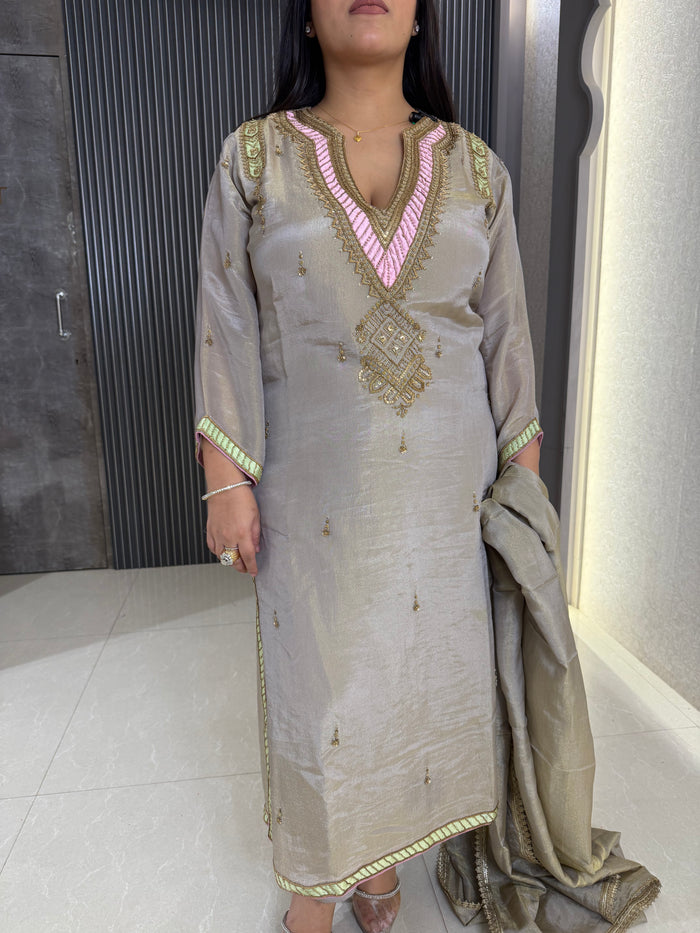 Designer Shimmer Silk Suit with Gold Pearl Handwork |