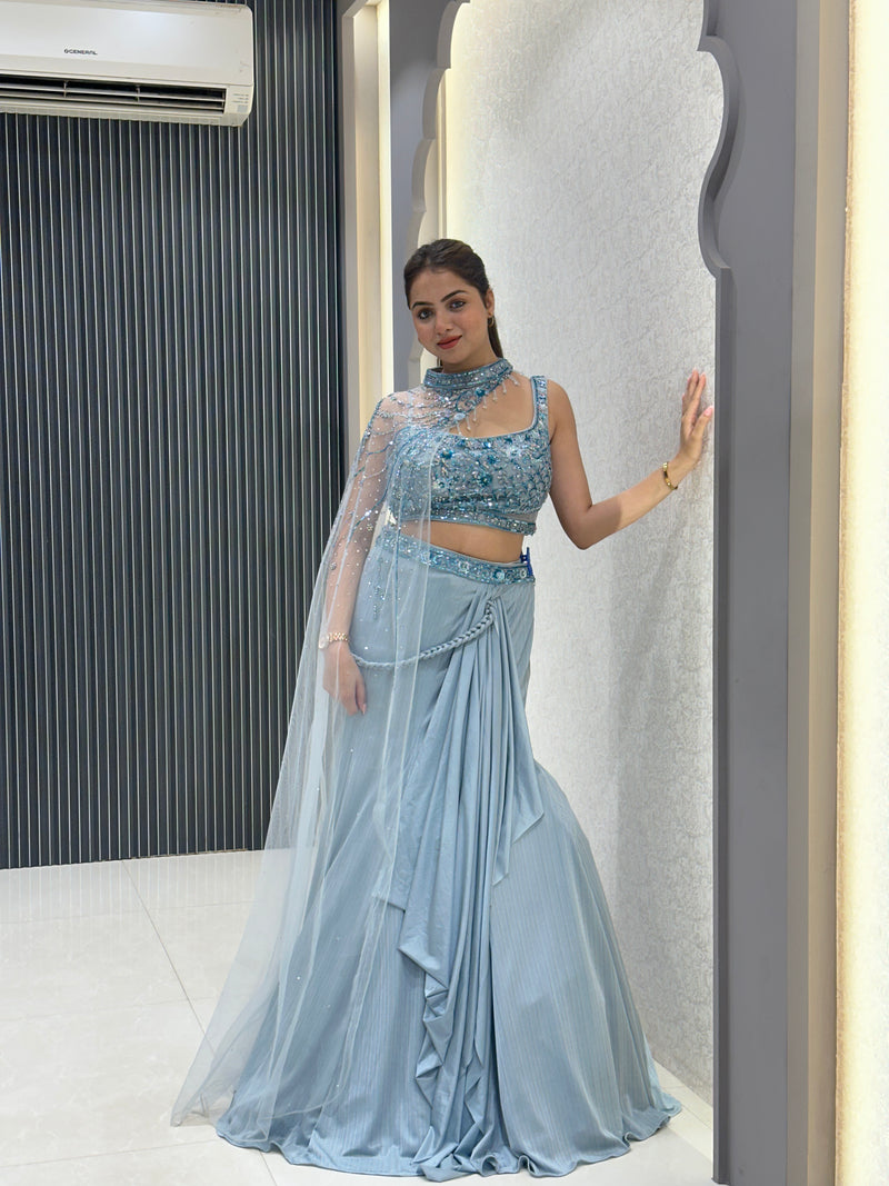 Satin Lehenga with Handwork Blouse & One-Shoulder Net Cape | Luxurious Bridal Wear