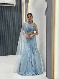 Satin Lehenga with Handwork Blouse & One-Shoulder Net Cape | Luxurious Bridal Wear