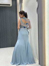 Satin Lehenga with Handwork Blouse & One-Shoulder Net Cape | Luxurious Bridal Wear