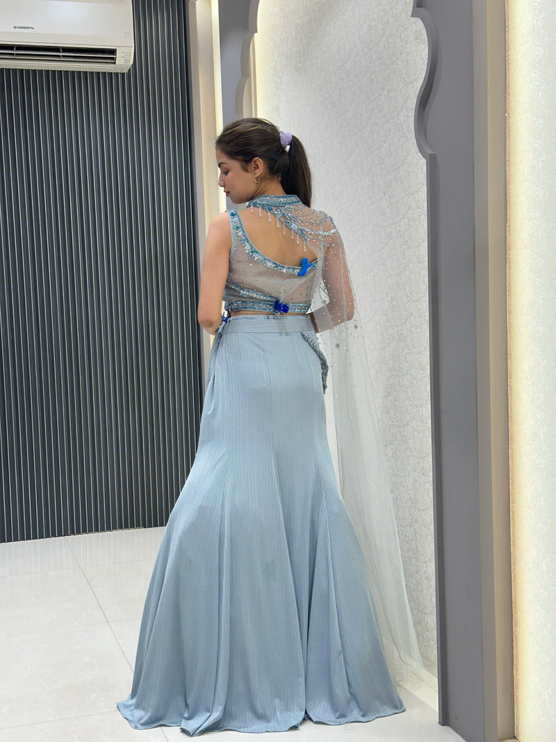 Satin Lehenga with Handwork Blouse & One-Shoulder Net Cape | Luxurious Bridal Wear