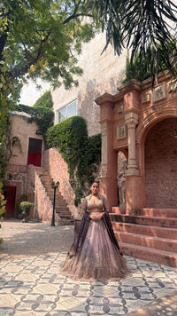 Shimmer Tissue Lehenga with Beads, Stone & Sequin Work | Velvet Dupatta