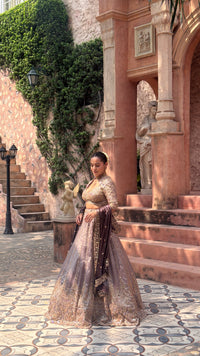 Shimmer Tissue Lehenga with Beads, Stone & Sequin Work | Velvet Dupatta