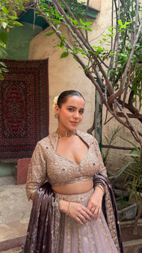 Shimmer Tissue Lehenga with Beads, Stone & Sequin Work | Velvet Dupatta