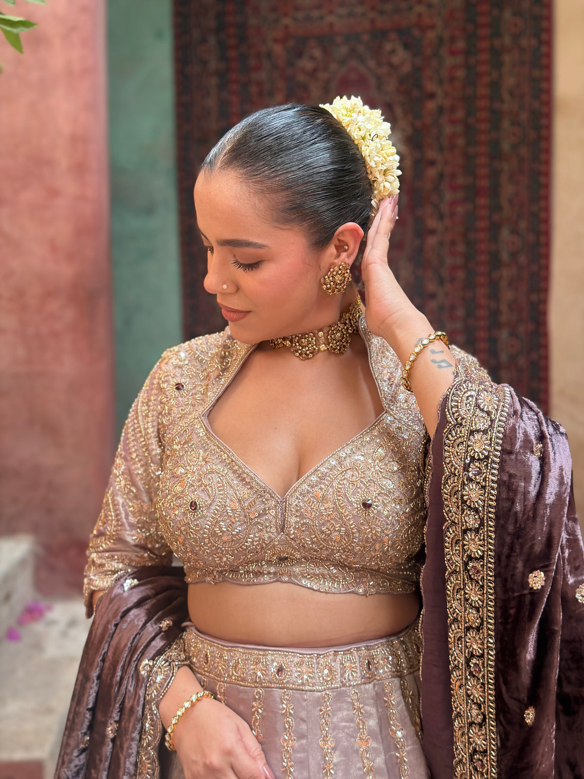 Shimmer Tissue Lehenga with Beads, Stone & Sequin Work | Velvet Dupatta