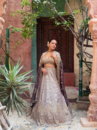 Shimmer Tissue Lehenga with Beads, Stone & Sequin Work | Velvet Dupatta