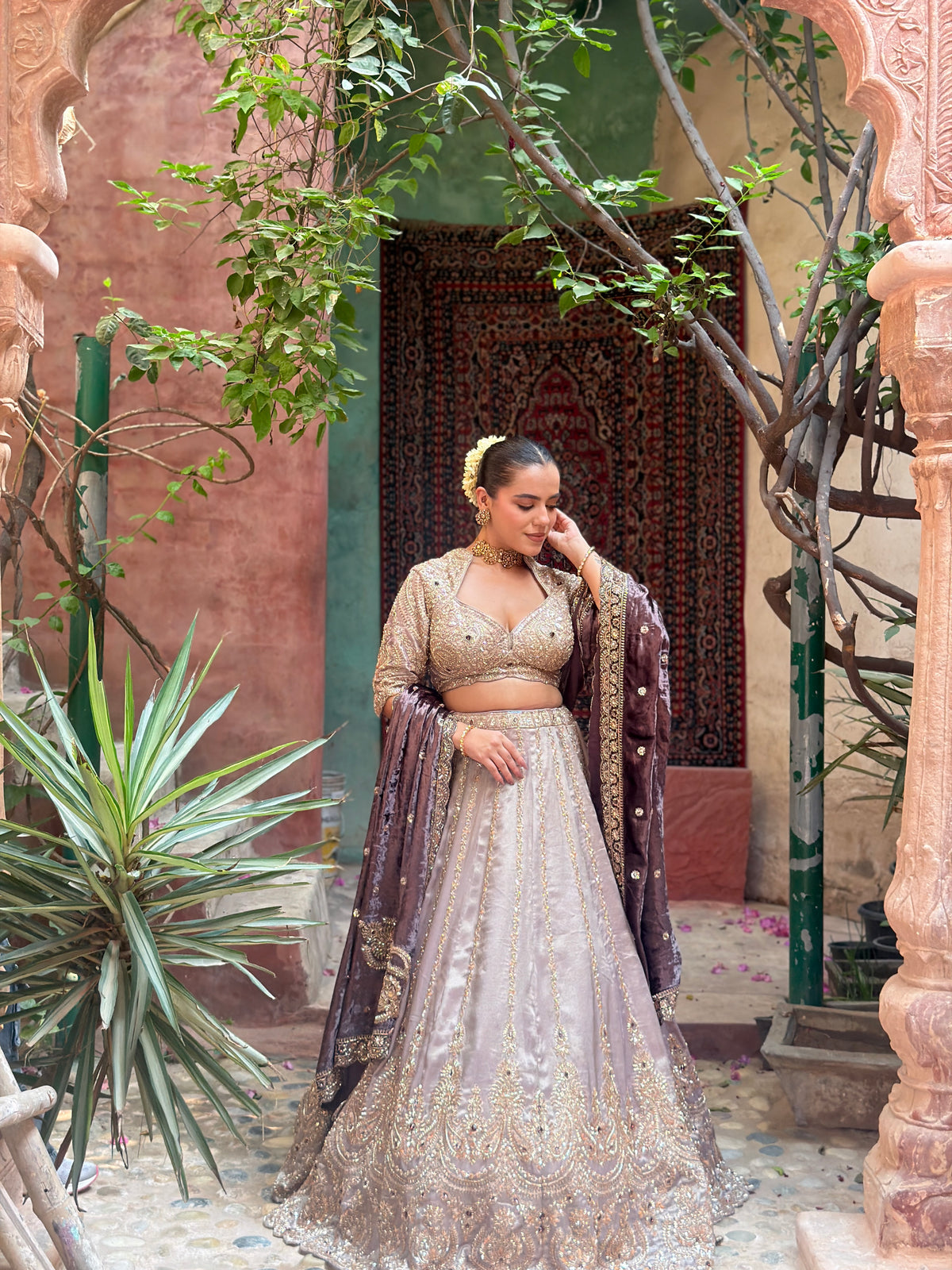 Shimmer Tissue Lehenga with Beads, Stone & Sequin Work | Velvet Dupatta