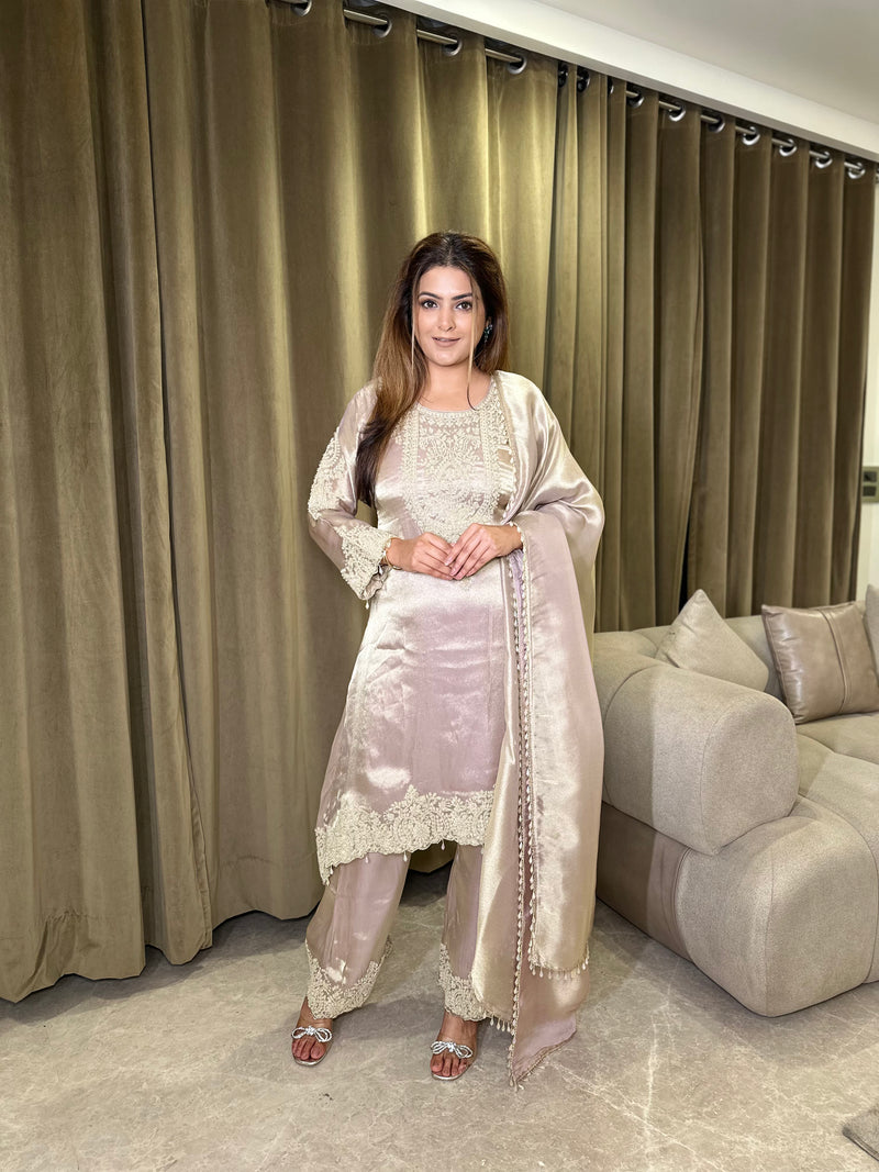 Shimmer Silk Suit with Bead Handwork