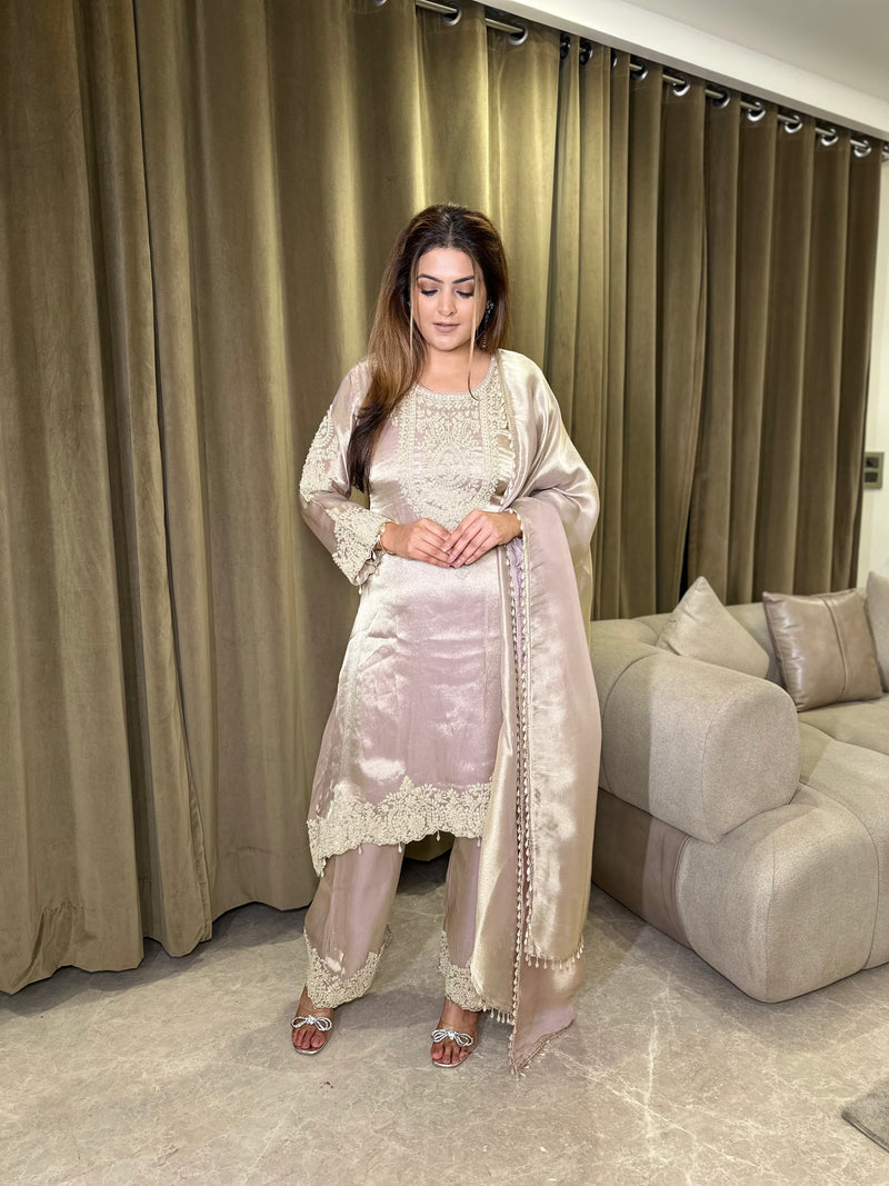 Shimmer Silk Suit with Bead Handwork