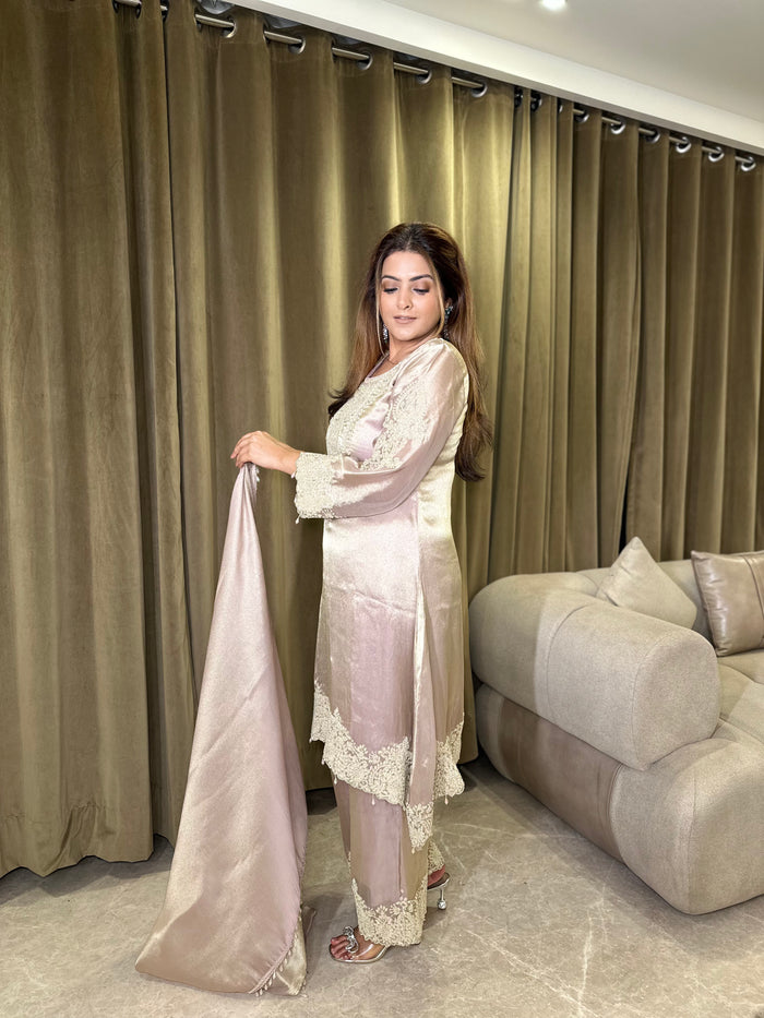 Shimmer Silk Suit with Bead Handwork