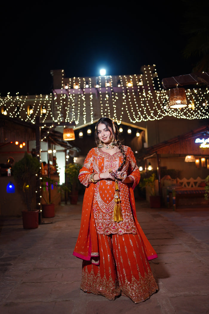 Georgette Outfit with Pearl, Dabka & Cutdana Handwork | Up to Size 44