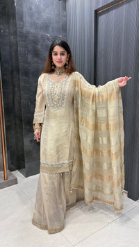 Shimmer Organza Suit Set with Handworked Neckline