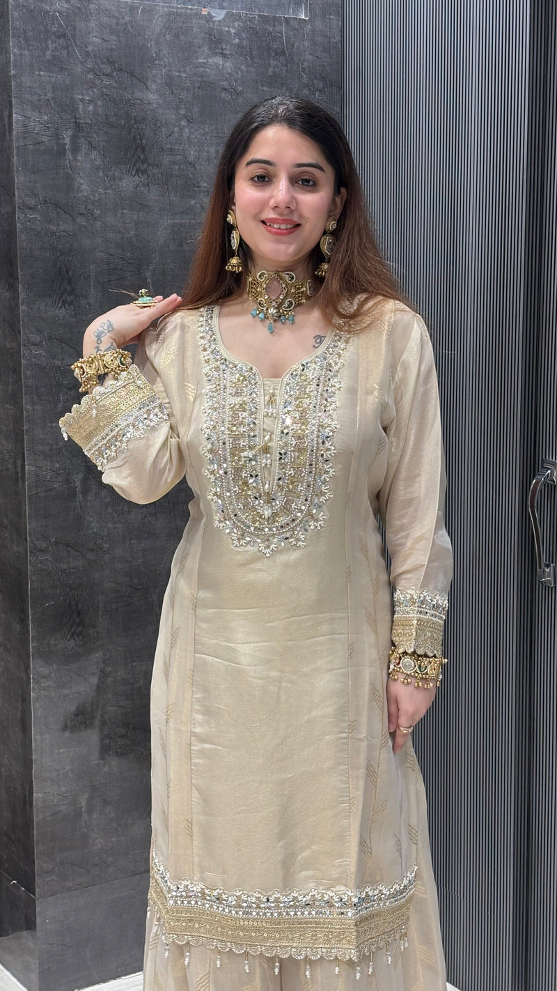 Shimmer Organza Suit Set with Handworked Neckline