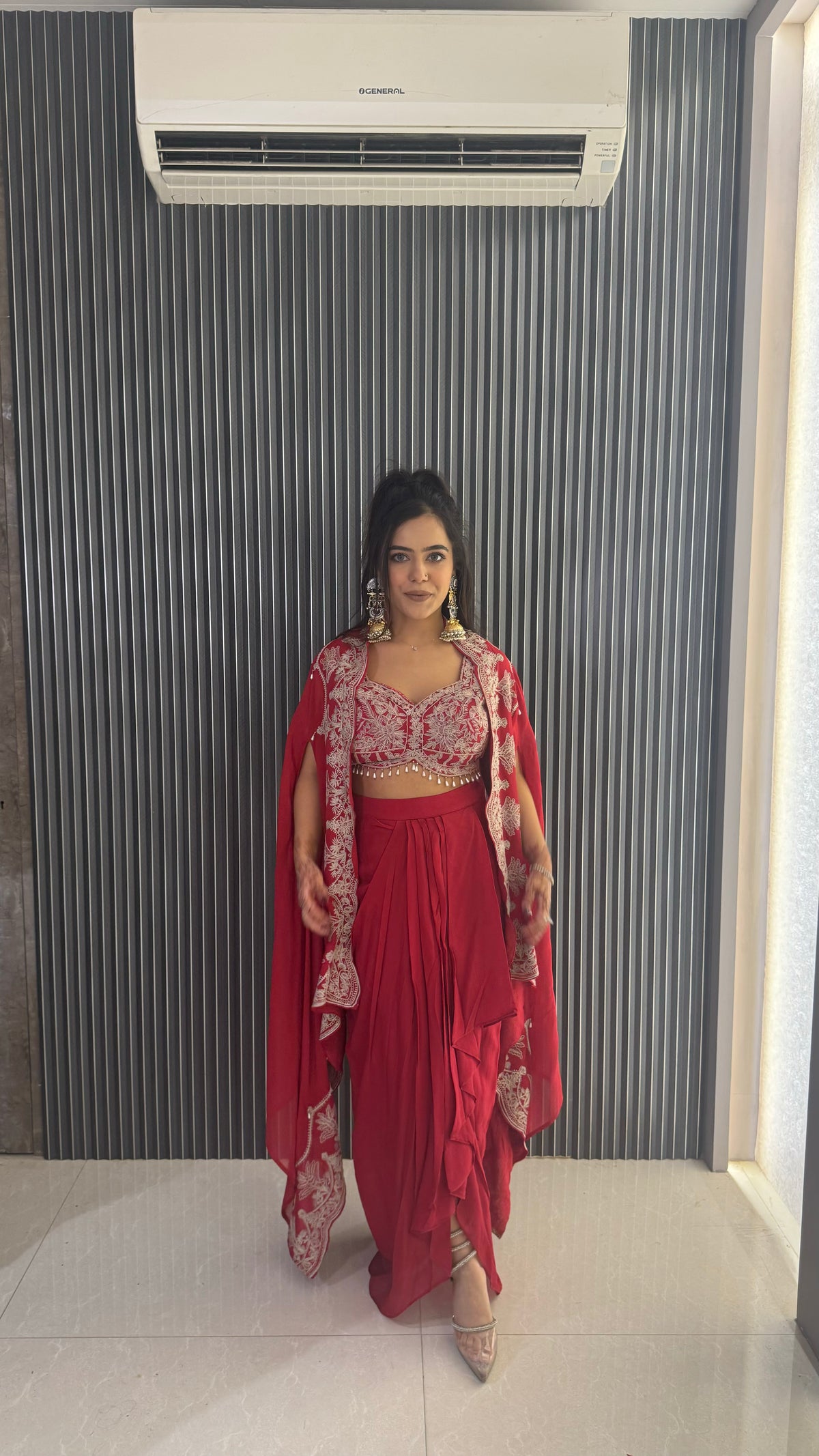 Embroidered Work Blouse with Draping Skirt & Cape – Elegant Party Ensemble