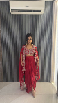 Embroidered Work Blouse with Draping Skirt & Cape – Elegant Party Ensemble