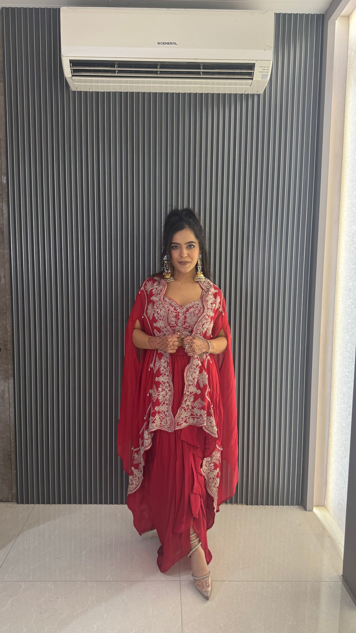 Embroidered Work Blouse with Draping Skirt & Cape – Elegant Party Ensemble