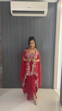 Embroidered Work Blouse with Draping Skirt & Cape – Elegant Party Ensemble
