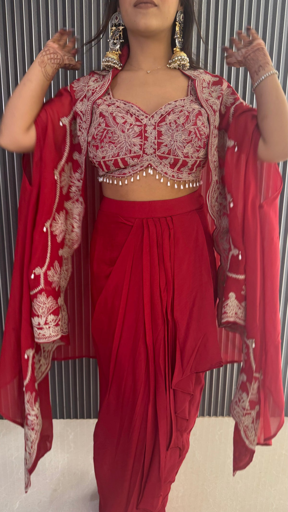 Embroidered Work Blouse with Draping Skirt & Cape – Elegant Party Ensemble