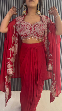 Embroidered Work Blouse with Draping Skirt & Cape – Elegant Party Ensemble
