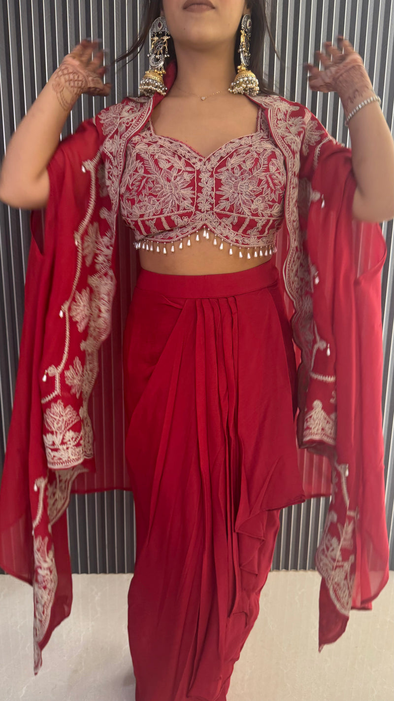 Embroidered Work Blouse with Draping Skirt & Cape – Elegant Party Ensemble