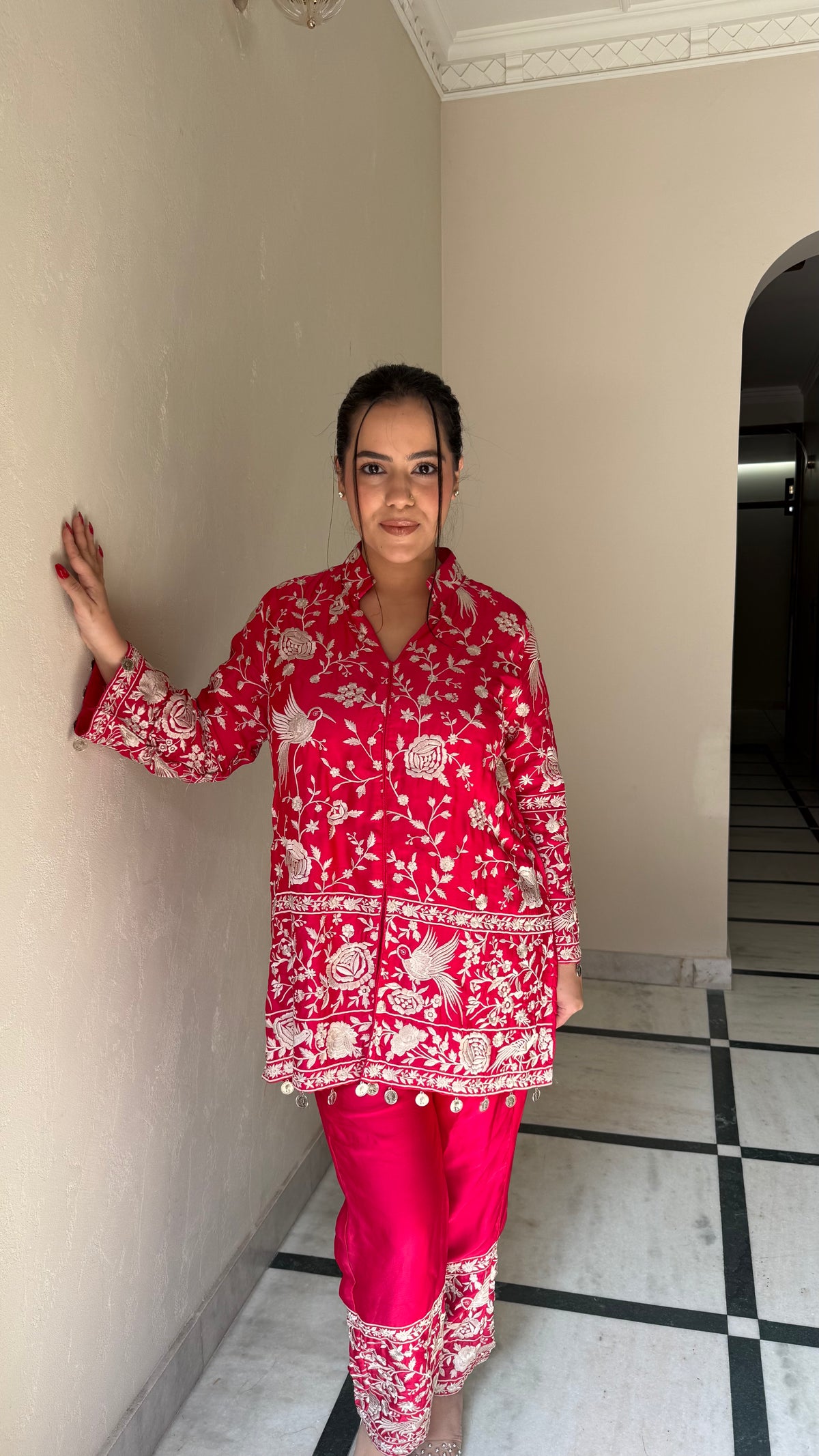 Satin Silk Coord Set with Parsi Thread Embroidery