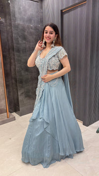 Chinon Fish-Cut Lehenga with Drape & Handworked Blouse